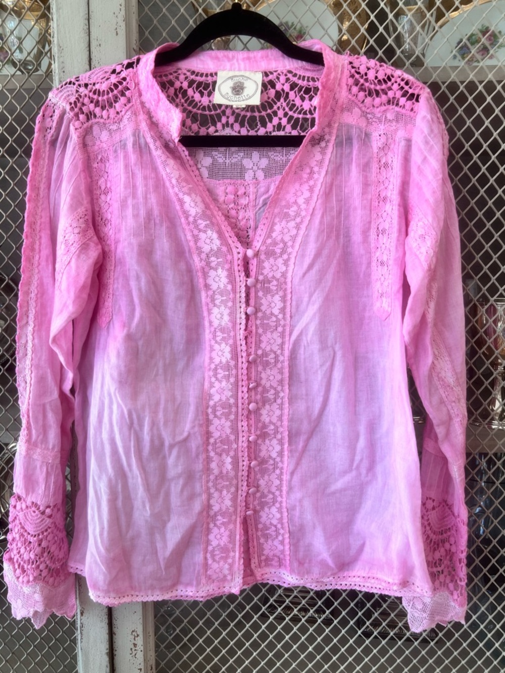 Pink Crochet-Trim Button Front Blouse Boho cotton!